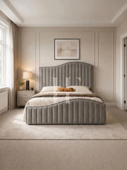Luxurious Royal Velvet Asymmetric Wave Channel Upholstered Bed Frame