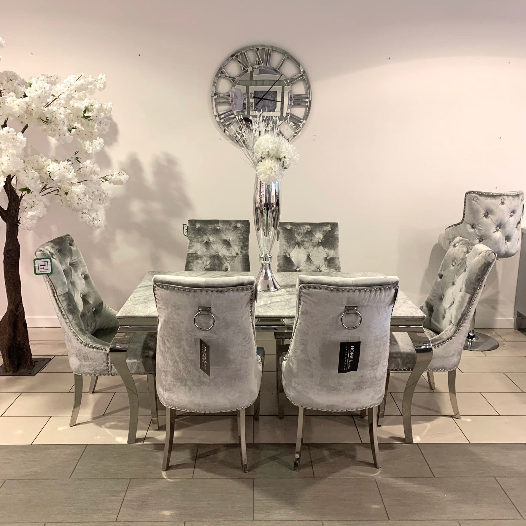 1.6m Marble Grey Dining Table Isabella Silver Chairs