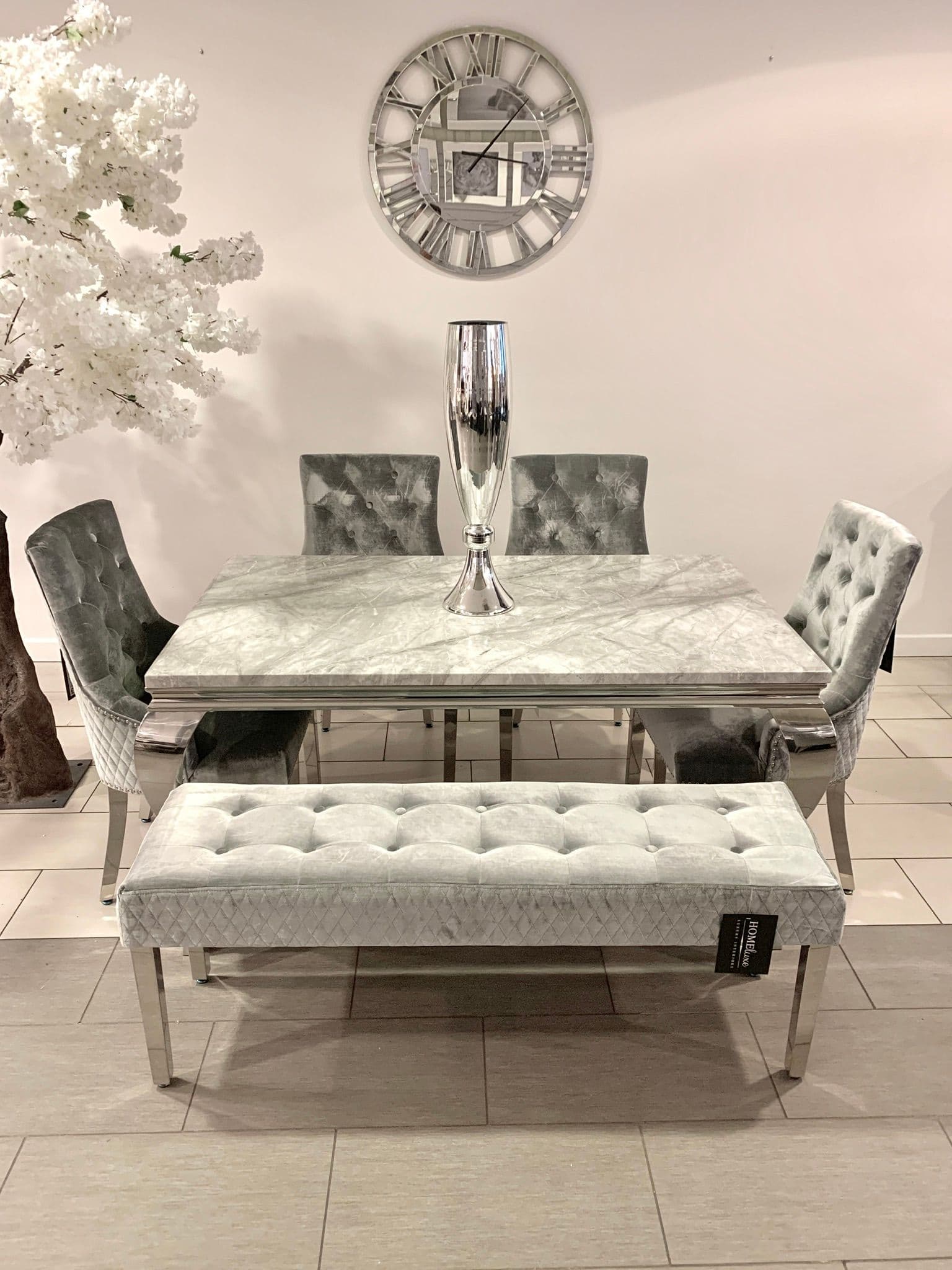 1.6m Marble Grey Dining Table Minister HQ Silver Chairs