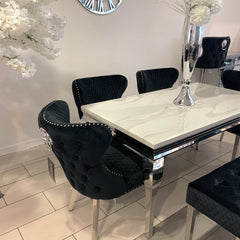 1.6m Marble White Dining Table Valencia Black Chairs