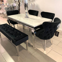 1.6m Marble White Dining Table Valencia Black Chairs