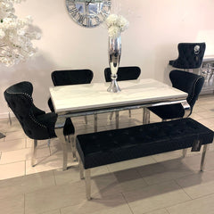 1.6m Marble White Dining Table Valencia Black Chairs