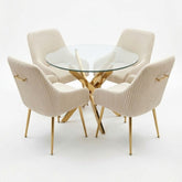 100cm Round Glass Gold Dining Table & 4 Marco Cream Gold Chairs Set