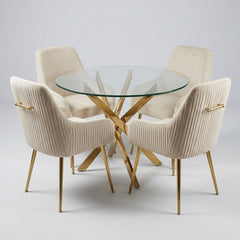 100cm Round Glass Gold Dining Table & 4 Marco Cream Gold Chairs Set