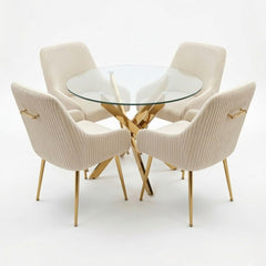 100cm Round Glass Gold Dining Table & 4 Marco Cream Gold Chairs Set