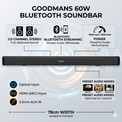 Goodmans 60W Bluetooth Soundbar - 2.0 Channel Stereo & HDMI ARC Input