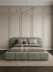Modern Curved Extended Headboard Block Base Upholstered Bed Frame