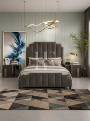 Modern Classic Stepped Camelback Bed Frame with Vertical Channeling & Nailhead Trim