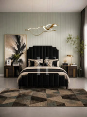 Modern Classic Stepped Camelback Bed Frame with Vertical Channeling & Nailhead Trim