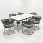 160cm Grey Marble & Silver Dining Table with 6 Porado Grey Chairs
