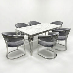 160cm Grey Marble & Silver Dining Table with 6 Porado Grey Chairs