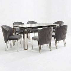 Sorrento 180cm White Marble Silver Leg Dining Table & 6 Fabio Grey Chairs