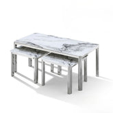 Nest of 3 Grey Marble Coffee Tables with Silver Steel Frame Set