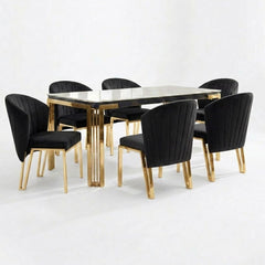 Sorrento 180cm White Marble Gold Leg Dining Table & 6 Fabio Black Chairs