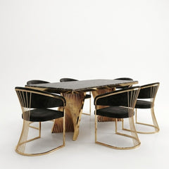 160cm Black Marble & Gold Dining Table with 6 Porado Black Chairs