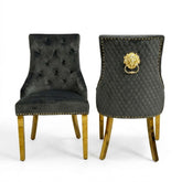 Set of 2 Minister Grey Velvet Dining Chairs with Gold Lion Knocker