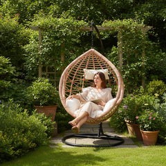 Goa Natural Rattan Effect Hanging Egg Chair Swing Cream Cushions