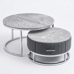 Melrose Grey Ceramic Nest Of Coffee Tables - Set of 2 Storage Grey Fabric