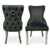 Set of 2 Grey Victoria Dining Chairs with Ring Knocker & Silver Legs