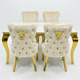 Sofia 1.2m Cream & Gold Marble Table & 4 Victoria Mink Lion Chairs