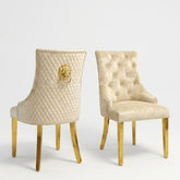 Set of 2 Minister Beige Velvet Dining Chairs with Gold Lion Knocker