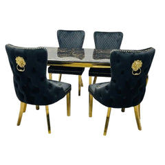 Sofia 1.2m Black & Gold Marble Table & 4 Victoria Black Lion Chairs