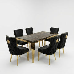 Sofia 1.8m Black & Gold Marble Table & 6 Victoria Black Lion Chairs
