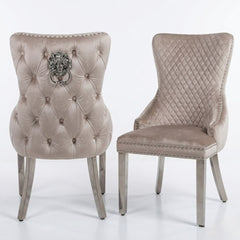Set of 2 Victoria Mink Shimmer Dining Chairs with Lion Knocker Silver