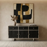 Kerala Black Sideboard Silver Trim Glass Top 3 Door 3 Drawer