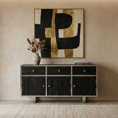 Kerala Black Sideboard Silver Trim Glass Top 3 Door 3 Drawer