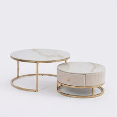Melrose White Ceramic Nest Of Coffee Tables - Set of 2 Storage Cream Fabric