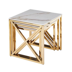 Aida White ceramic & Gold Nesting Tables - Set of 3 Square Side Tables
