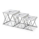 Maidah Silver Nest of 3 Tables with White Marble Top & Steel Frame