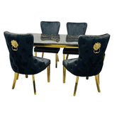 Sofia 1.5m Black & Gold Marble Table & 4 Victoria Black Lion Chairs