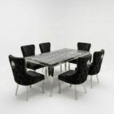 Sofia 1.8m Grey Marble Dining Table & 6 Victoria Black Silver Chairs