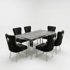 Sofia 1.8m Grey Marble Dining Table & 6 Victoria Black Silver Chairs