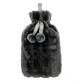 Black 2L Faux Fur Hot Water Bottle - Luxury Plush Pom Pom Winter Gift