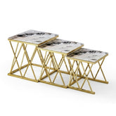 Maidah Gold Nest of 3 Tables with White Marble Top & Steel Frame
