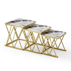 Maidah Gold Nest of 3 Tables with White Marble Top & Steel Frame