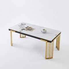 Cindy White Sintered Stone Coffee Table - Luxury Gold Geometric Base