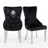 Set of 2 Black Victoria Dining Chairs with Lion Knocker Silver Legs
