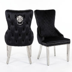 Set of 2 Black Victoria Dining Chairs with Lion Knocker Silver Legs