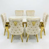 Sofia 1.8m Cream & Gold Marble Table & 6 Victoria Mink Lion Chairs