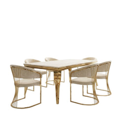 160cm Cream Marble & Gold Dining Table with 6 Porado Cream Chairs