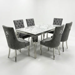 Sofia 1.6m Cream Gold Dining Table & 6 Grey Lion Back Velvet Chairs
