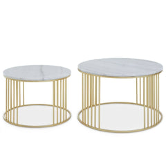 Jodie Set of 2 White Marble & Gold Nesting Coffee Tables - Round Set