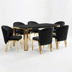 Sorrento 180cm Black Marble Gold Leg Dining Table & 6 Fabio Black Chairs
