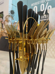 24 Piece Gold & Black Cutlery Set With Stand