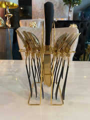 24 Piece Gold & Black Cutlery Set With Stand