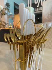 24 Piece Gold & White Cutlery Set With Stand